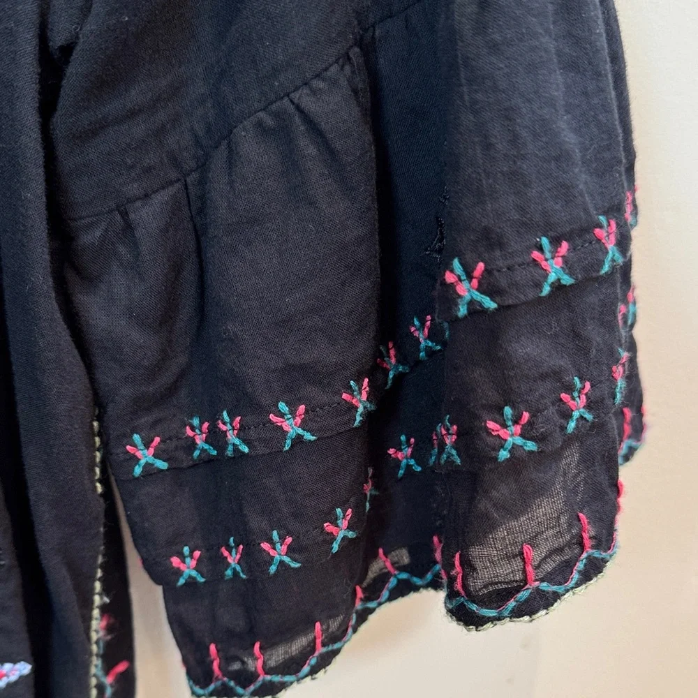 Johnny Was Tie Front Black Top with Colorful Embroidery and Beaded Tassles SZ - Picture 7 of 8